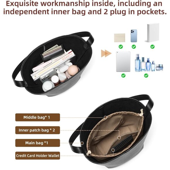 Genuine Leather Bucket Bag with Credit Card Holder, Medium Size, Black - Picture 8 of 9